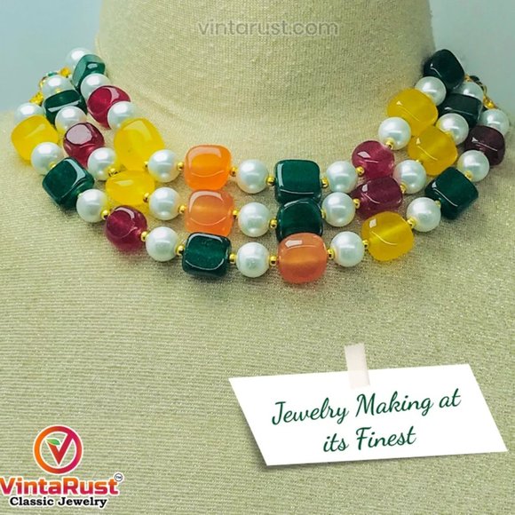 Handcrafted Colorful Stones and Pearls Choker Necklace Beaded Choker Necklace - Picture 3 of 10
